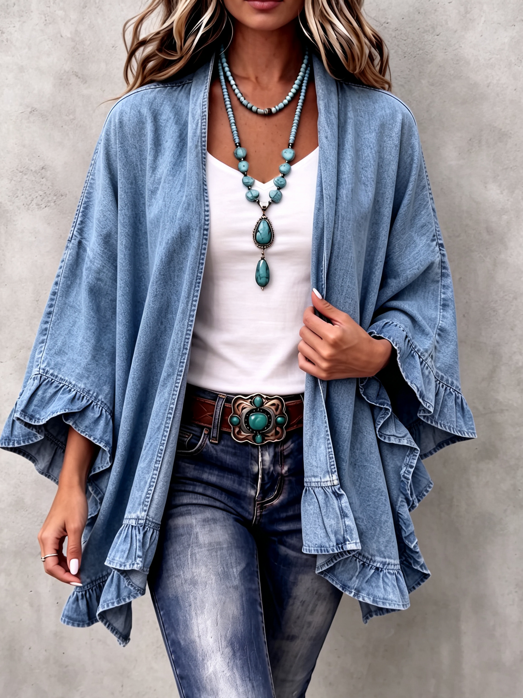 Corinne | Cardigan in Denim con Righe a Volant Chic Boho