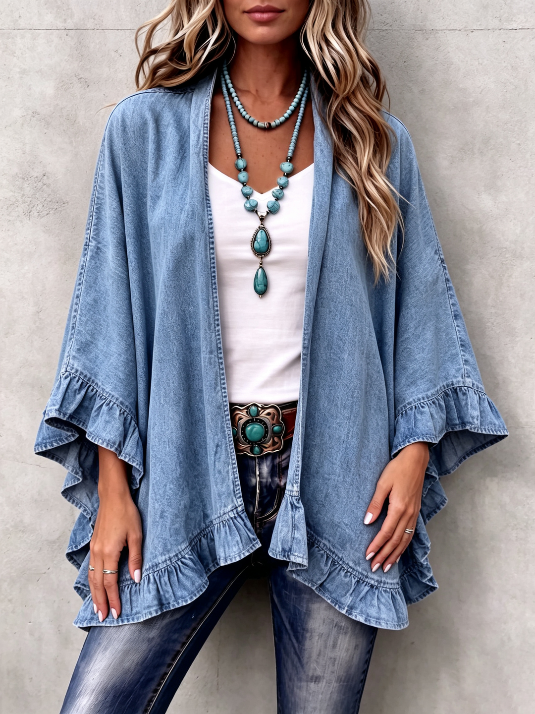 Corinne | Cardigan in Denim con Righe a Volant Chic Boho