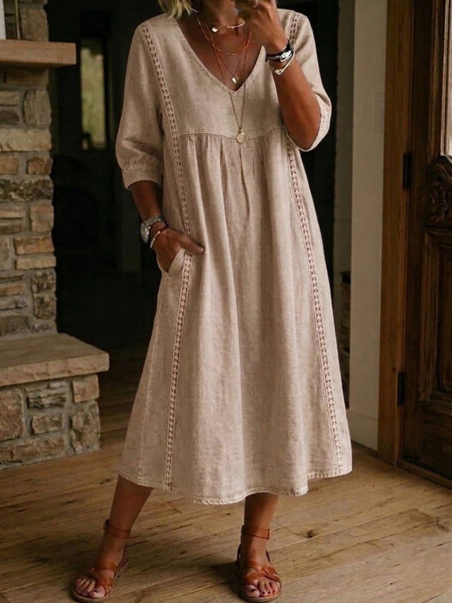 Abito casual in lino e cotone con pizzo e patchwork