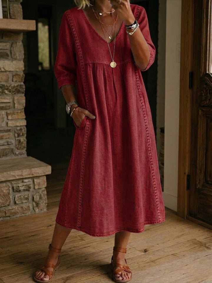 Abito casual in lino e cotone con pizzo e patchwork
