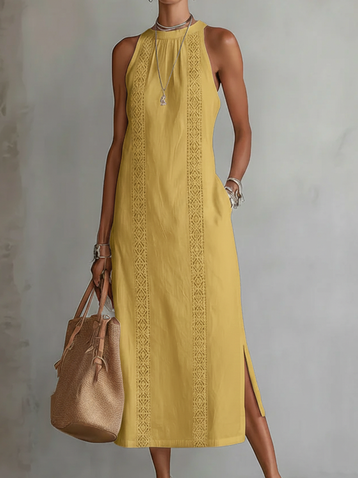 Jimena | Abito midi in lino con collo alla Mao