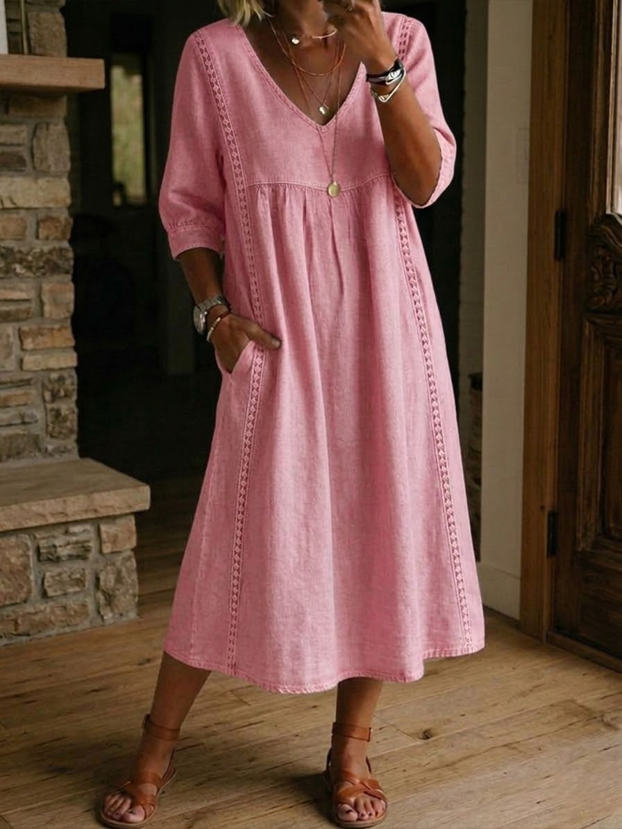 Abito casual in lino e cotone con pizzo e patchwork