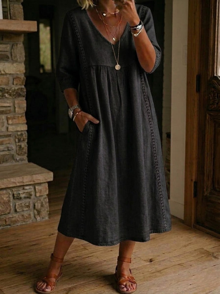 Abito casual in lino e cotone con pizzo e patchwork