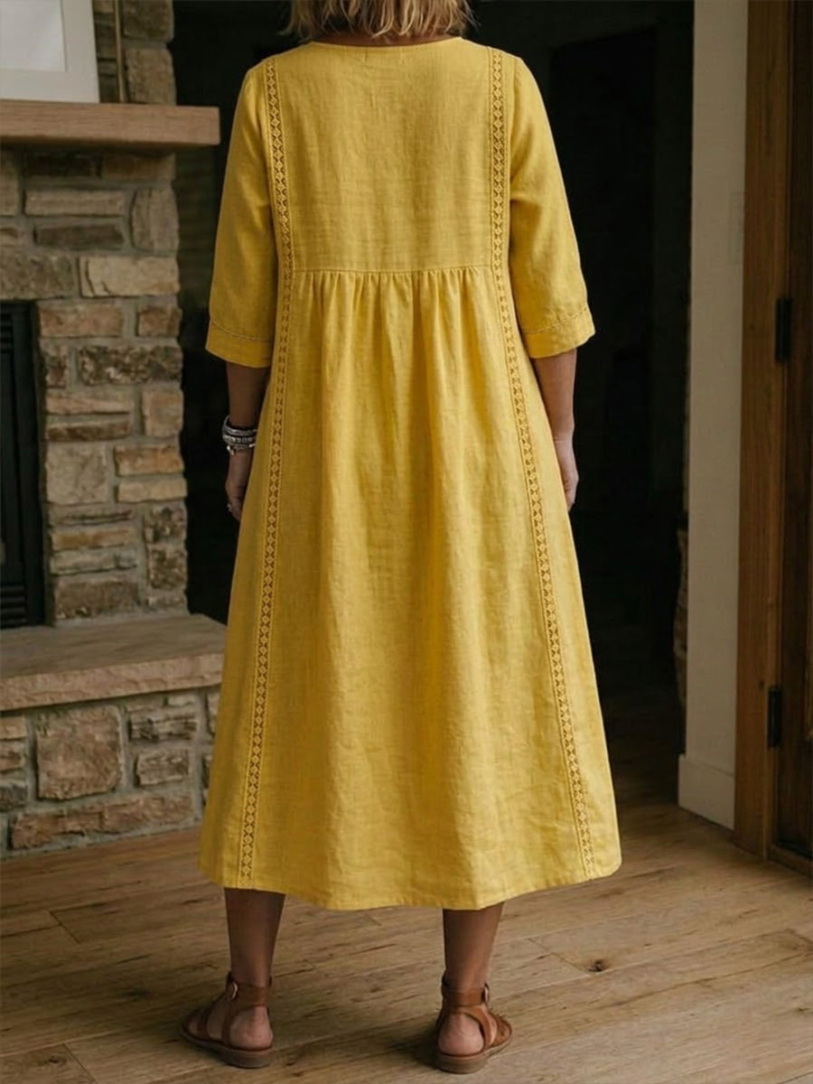 Abito casual in lino e cotone con pizzo e patchwork
