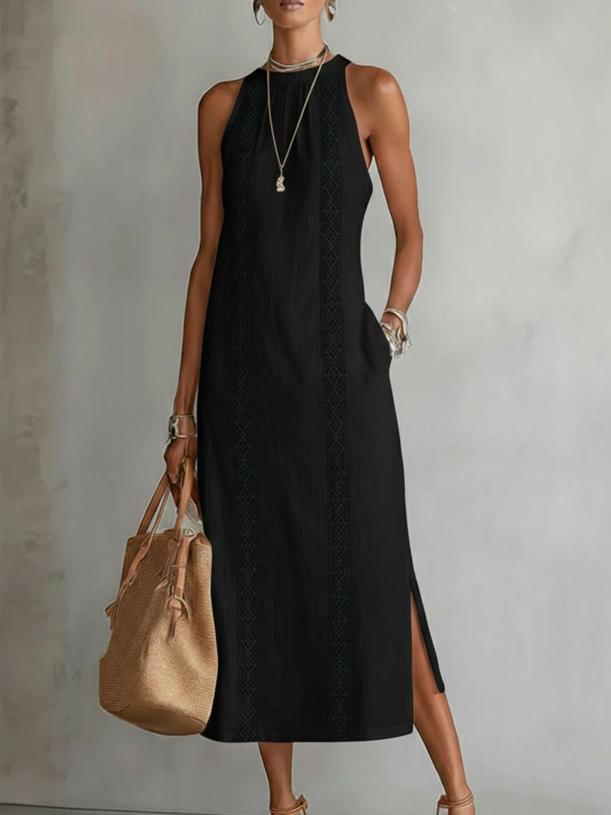 Jimena | Abito midi in lino con collo alla Mao