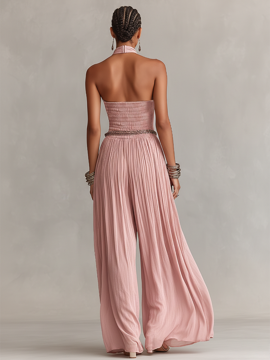Margaux - Tuta Plissettata Donna in Rosa con Collo Halter & Vita Arricciata
