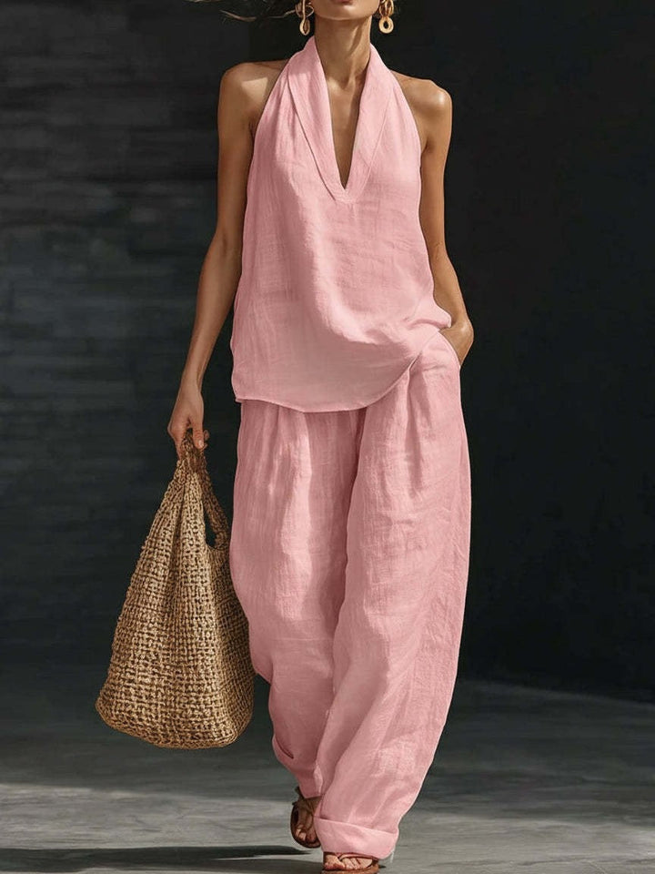 Set Top Senza Maniche a V e Pantaloni a Gamba Larga